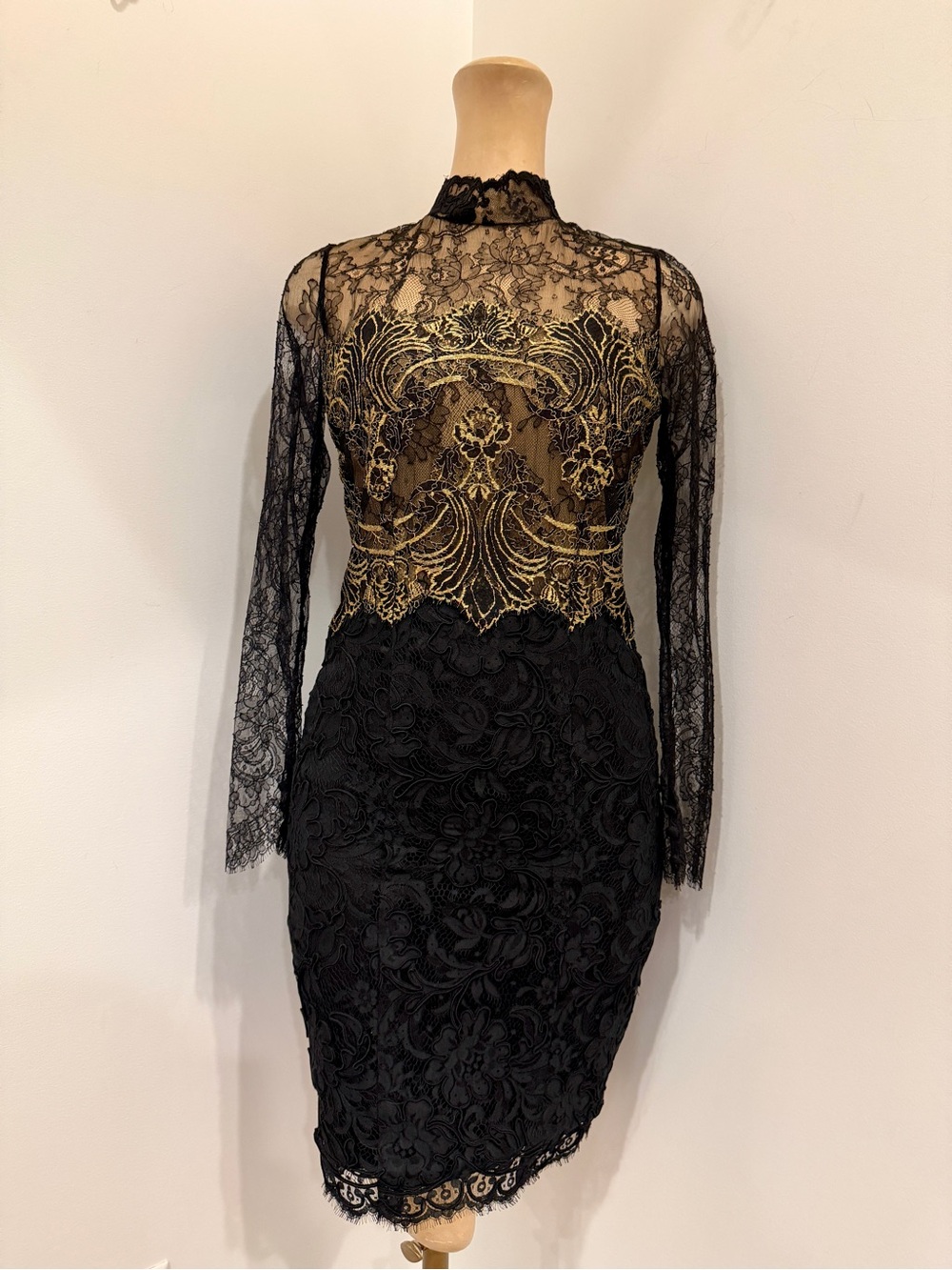 Bill Blass Black and Gold Lace Long Sleeve Sheath Dress